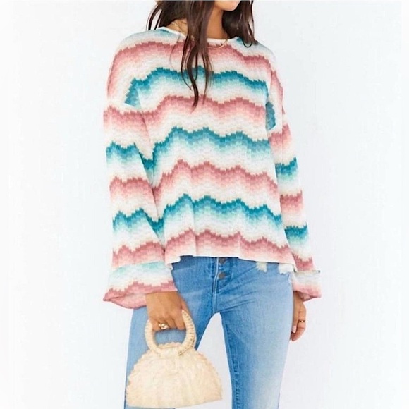 Show Me Your MuMu Top L Catch Waves Daytime Pullover Stripes Bell Sleeves Boho - Picture 1 of 11
